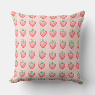 Strawberry Print Green Bow Coquette Kids Girl Room Cushion