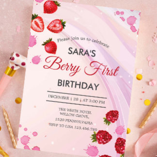 Strawberry & Raspberry Party 1st Birthday BabyGirl Invitation