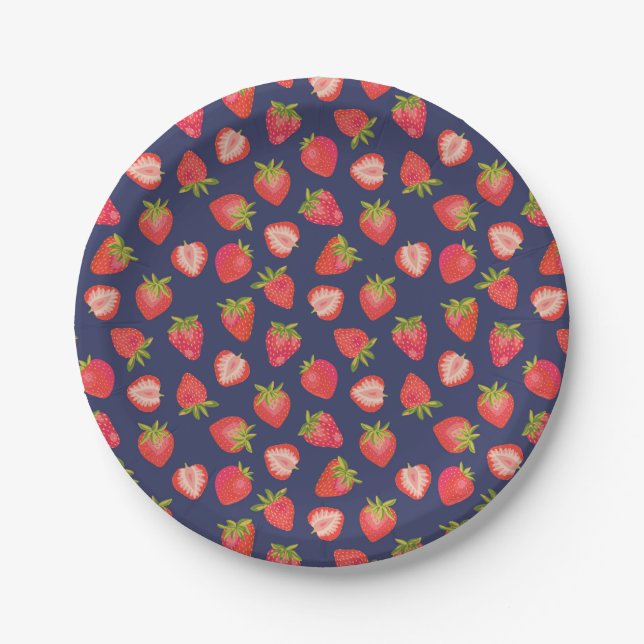 Strawberry red and blue summer party paper plate (Front)