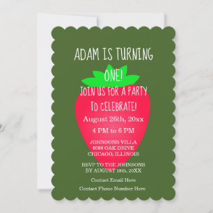Strawberry Red Green Custom 1st Birthday Party Invitation