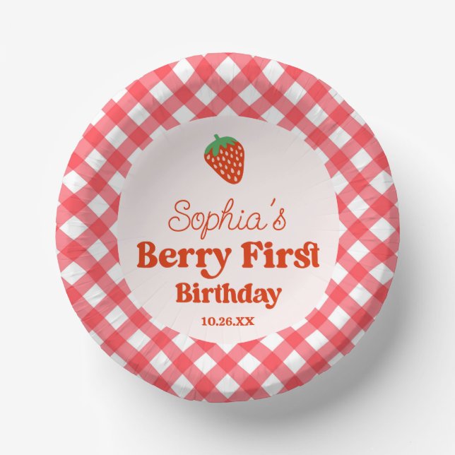 Strawberry Red Pink Berry First 1st Birthday Party Paper Plate (Front)