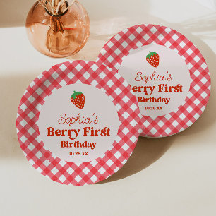 Strawberry Red Pink Berry First 1st Birthday Party Paper Plate