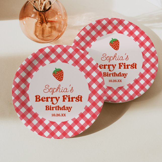 Strawberry Red Pink Berry First 1st Birthday Party Paper Plate (Creator Uploaded)