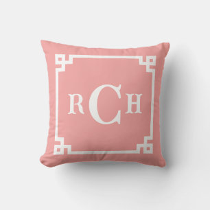 Strawberry Reverse Chinoiserie Greek Key Monogram Cushion