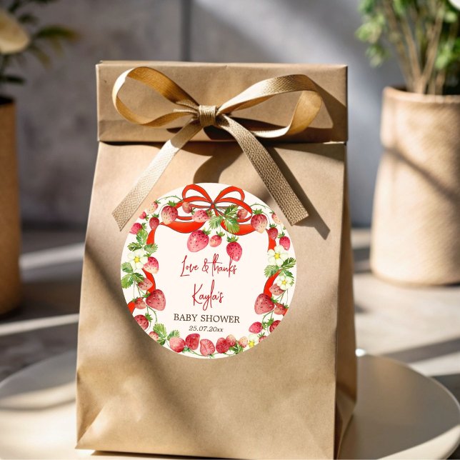 Strawberry ribbon bow coquette baby shower favour classic round sticker (Strawberry ribbon bow coquette baby shower favors 
 personalized printed sticker)