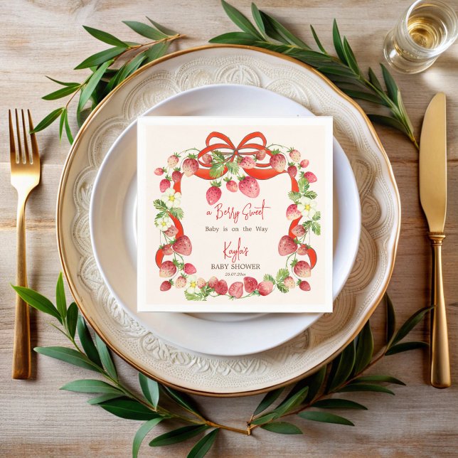 Strawberry ribbon bow coquette baby shower napkin (Strawberry red ribbon bow coquette berry sweet baby shower personalized printed napkins)