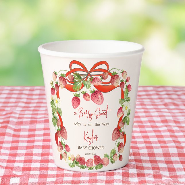 Strawberry ribbon bow coquette baby shower paper cups (Strawberry ribbon bow coquette berry sweet baby shower customized paper cups personalized decor)