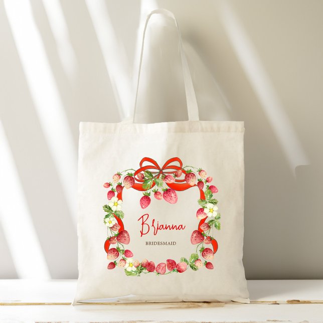 Strawberry ribbon coquette custom bridesmaid gifts tote bag (Strawberry ribbon coquette bow personalized bridesmaid gifts monogrammed tote bag)