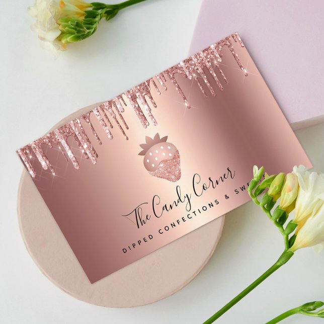 Strawberry Rose Gold Copper Drip Confection Sweets Business Card (Creator Uploaded)