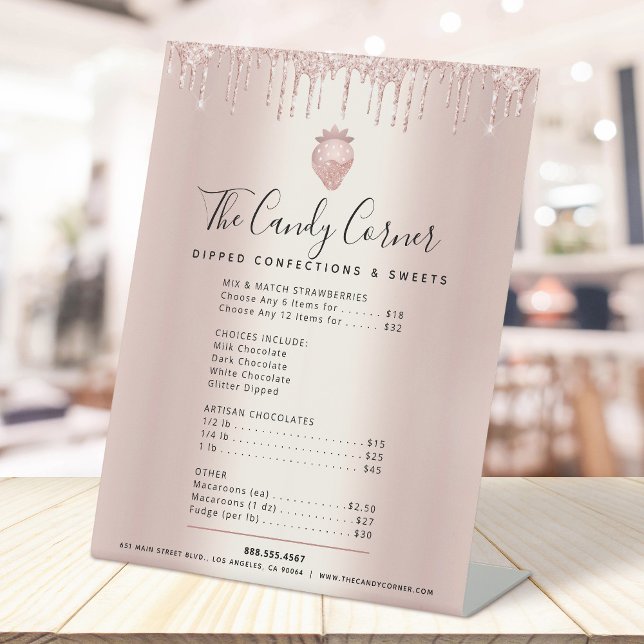 Strawberry Rose Gold Glitter Drips Menu Price List Pedestal Sign (Creator Uploaded)