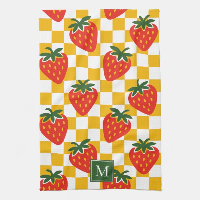 Strawberry Rustic Farmhouse Checkered Monogram Tea Towel (Vertical)
