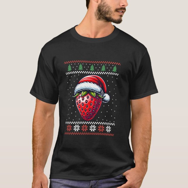 Strawberry Santa Hat Ugly Christmas Xmas Fruit T-Shirt (Front)