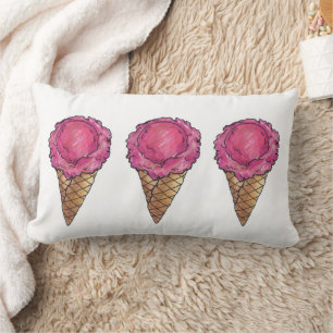 Strawberry Scoop Pink Ice Cream Waffle Cone Food Lumbar Cushion