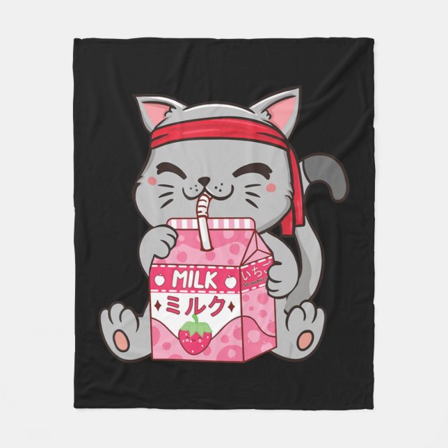 Strawberry Shake Strawberry Milk Cat Kawaii Neko A Fleece Blanket (Front)