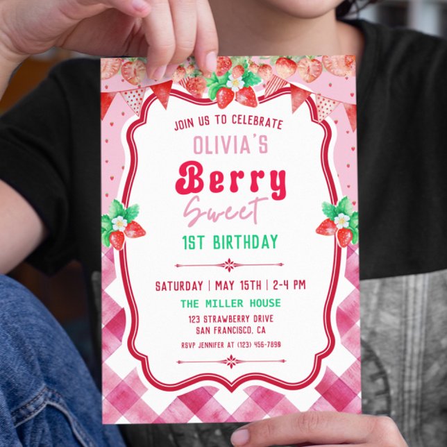 Strawberry Shortcake 1st Birthday Girl Party Invitation (Strawberry shortcake party invitation)