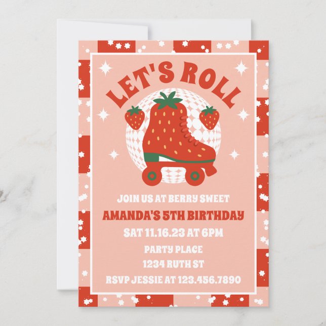 Strawberry Skates | Retro Roller Skating Birthday  Invitation (Front)
