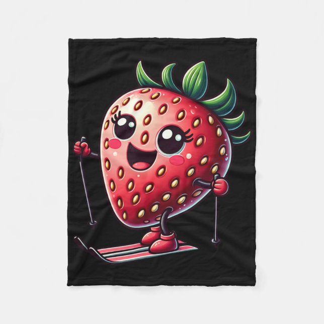 Strawberry Skiing Cute Alpine Snow Cartoon Fun  Fleece Blanket (Front)
