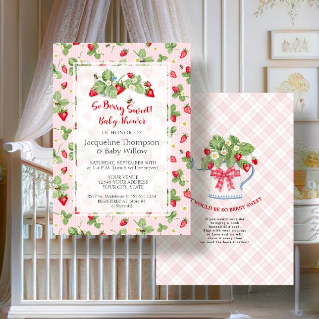 Strawberry So Berry Sweet Pink Gingham Girl Shower Invitation (Creator Uploaded)