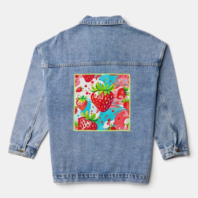 Strawberry Splash Pattern Denim Jacket (Back)