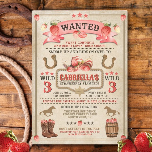 Strawberry Stampede Birthday Invitation (Berry-sweet Wild West invitation featuring strawberries, cowgirl charm, and rustic fun!)