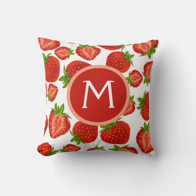 Strawberry Striking Red Monogram Throw Pillow (Front)
