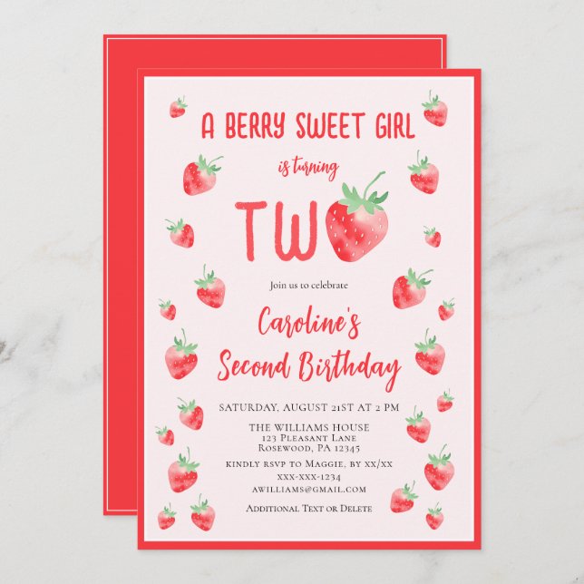 Strawberry Summer Berry Sweet Second Girl Birthday Invitation (Front/Back)