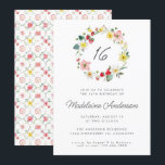 Strawberry Summer Flower Wreath 16th Birthday Invitation<br><div class="desc">Strawberry Summer Flower Wreath 16th Sweet Sixteen Birthday Party Invitation Template</div>