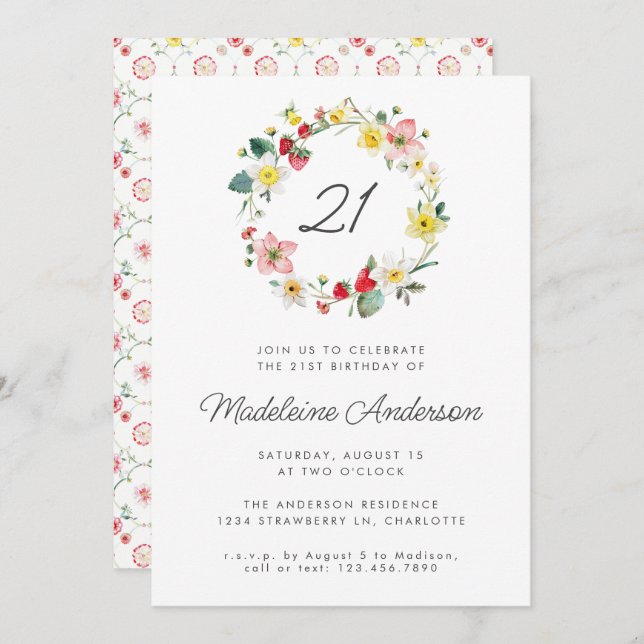 Strawberry Summer Flower Wreath 21st Birthday Invitation (Front/Back)