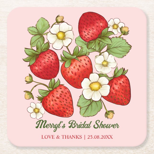 Strawberry summer fruit customised name square paper coaster (Front)