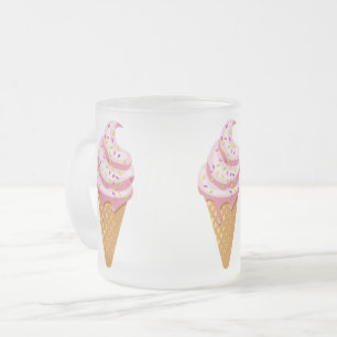 Strawberry sundae in waffle cone with topping frosted glass coffee mug