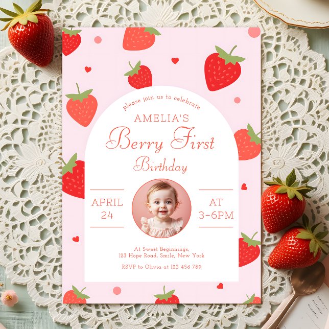 Strawberry Sweet Berry First Birthday Party Photo Invitation (Creator Uploaded)