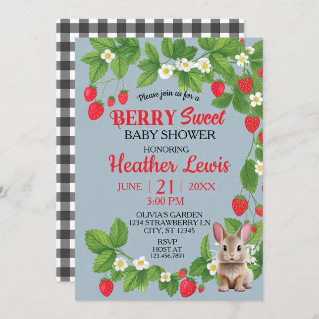 Strawberry Sweet Bunny Baby Shower (Red & Blue)  Invitation (Front/Back)
