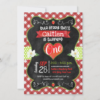 Strawberry Sweet Chalkboard Girl First Birthday Invitation