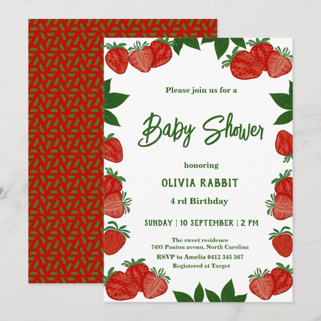  Strawberry Sweet Fruit Fresh Baby Shower Girl  Invitation (Front/Back)