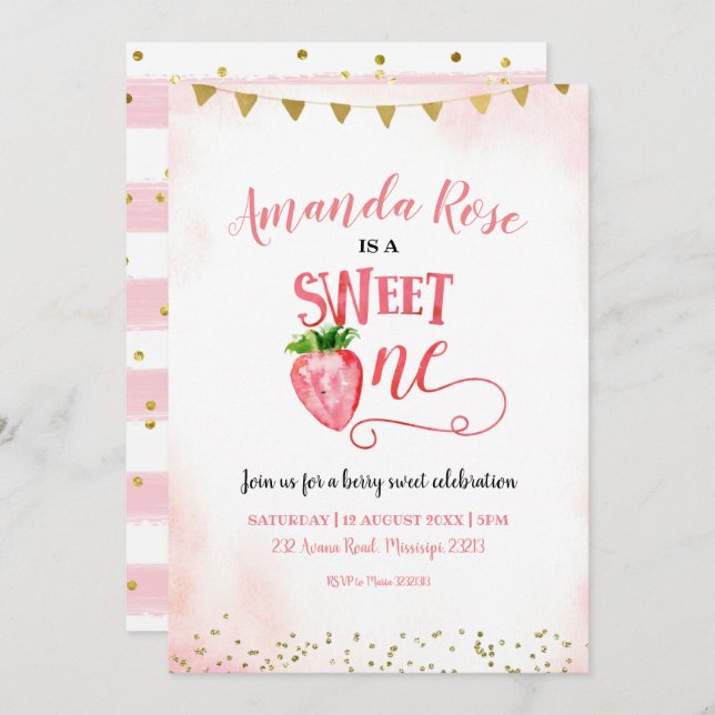 Strawberry Sweet One First Birthday Invitation (Front/Back)