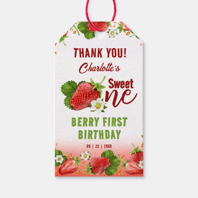 Strawberry Sweet ONE First Birthday Party Gift Tags (Front)