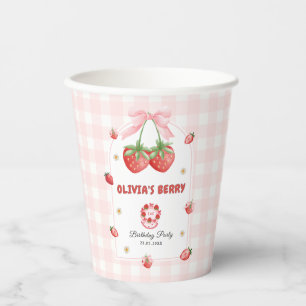 Strawberry Sweet Pink Gingham Baby Girl Birthday Paper Cups