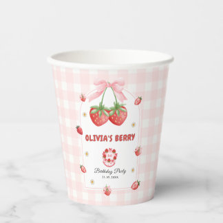 Strawberry Sweet Pink Gingham Baby Girl Birthday Paper Cups