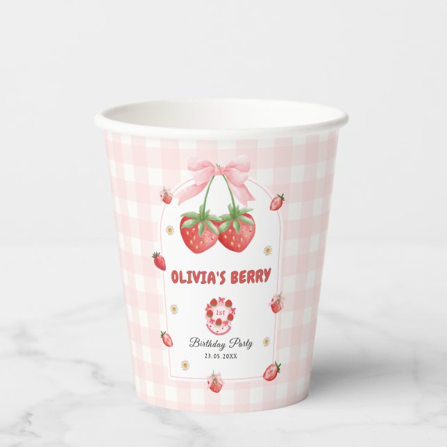 Strawberry Sweet Pink Gingham Baby Girl Birthday Paper Cups (Front)