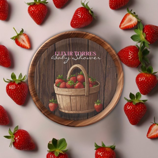 Strawberry Sweet Wood Basket Baby Shower Paper Plate (Creator Uploaded)
