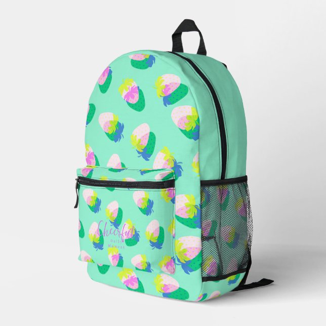 Strawberry Teal Printed Backpack (Back Corner Right)