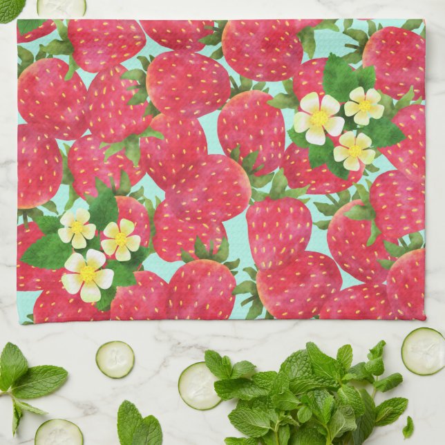 Strawberry Teal Tea Towel (Folded)