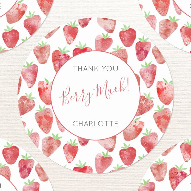 Strawberry Thank You Personalised Classic Round Sticker (Strawberry personalized thank you sticker)