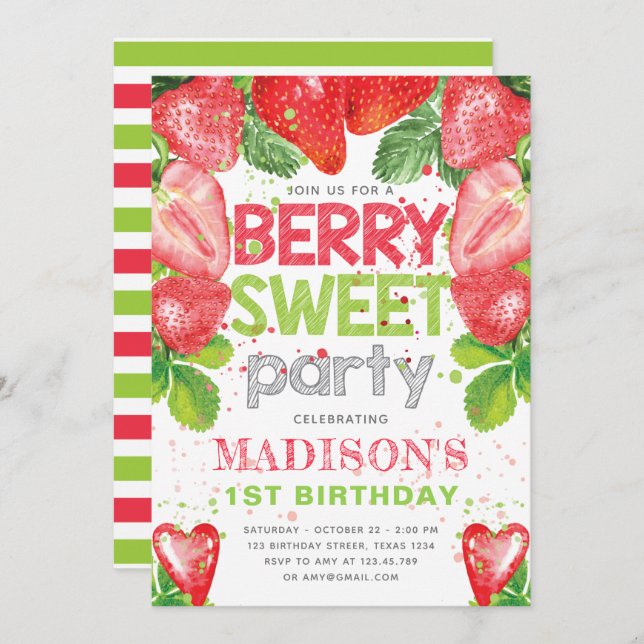 Strawberry Theme Birthday Cute Invitation (Front/Back)