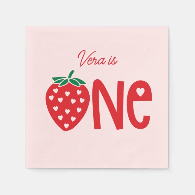 Strawberry Theme First Birthday Paper Napkin (Front)