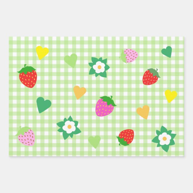 Strawberry Themed Birthday Party Wrapping Paper Sheet (Front)