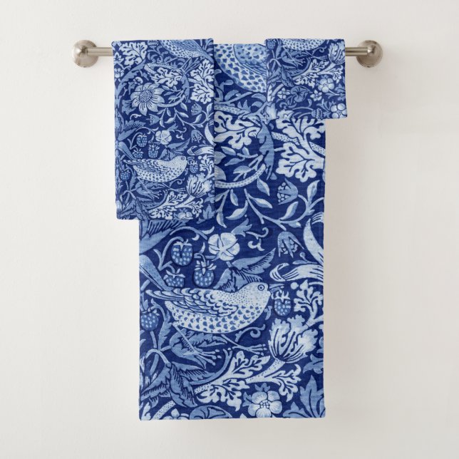 Strawberry Thief Blue Monotone, William Morris Bath Towel Set (Insitu)