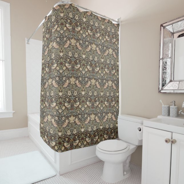 Strawberry Thief by William Morris Chocolate Shower Curtain (In Situ)