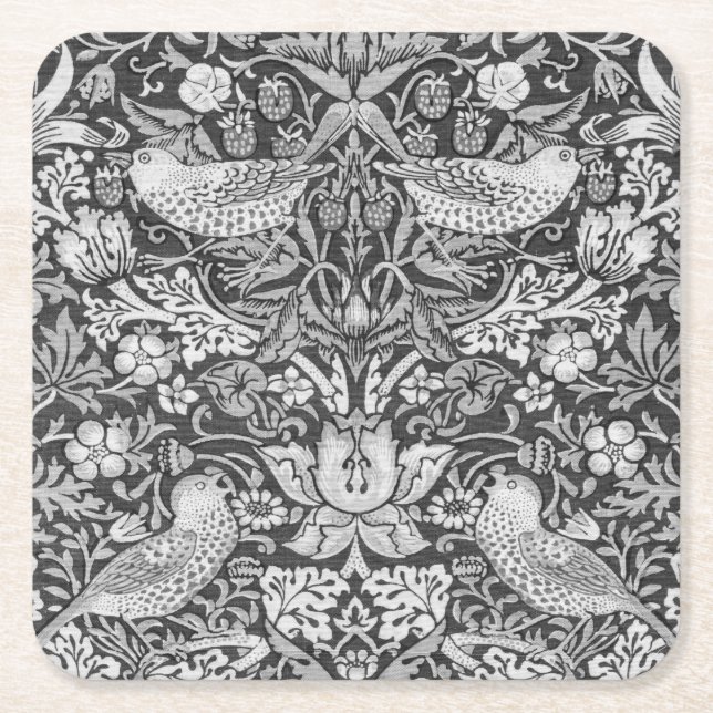 Strawberry Thief Grey, William Morris Square Paper Coaster (Front)