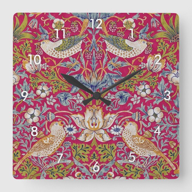Strawberry Thief, William Morris Square Wall Clock (Front)